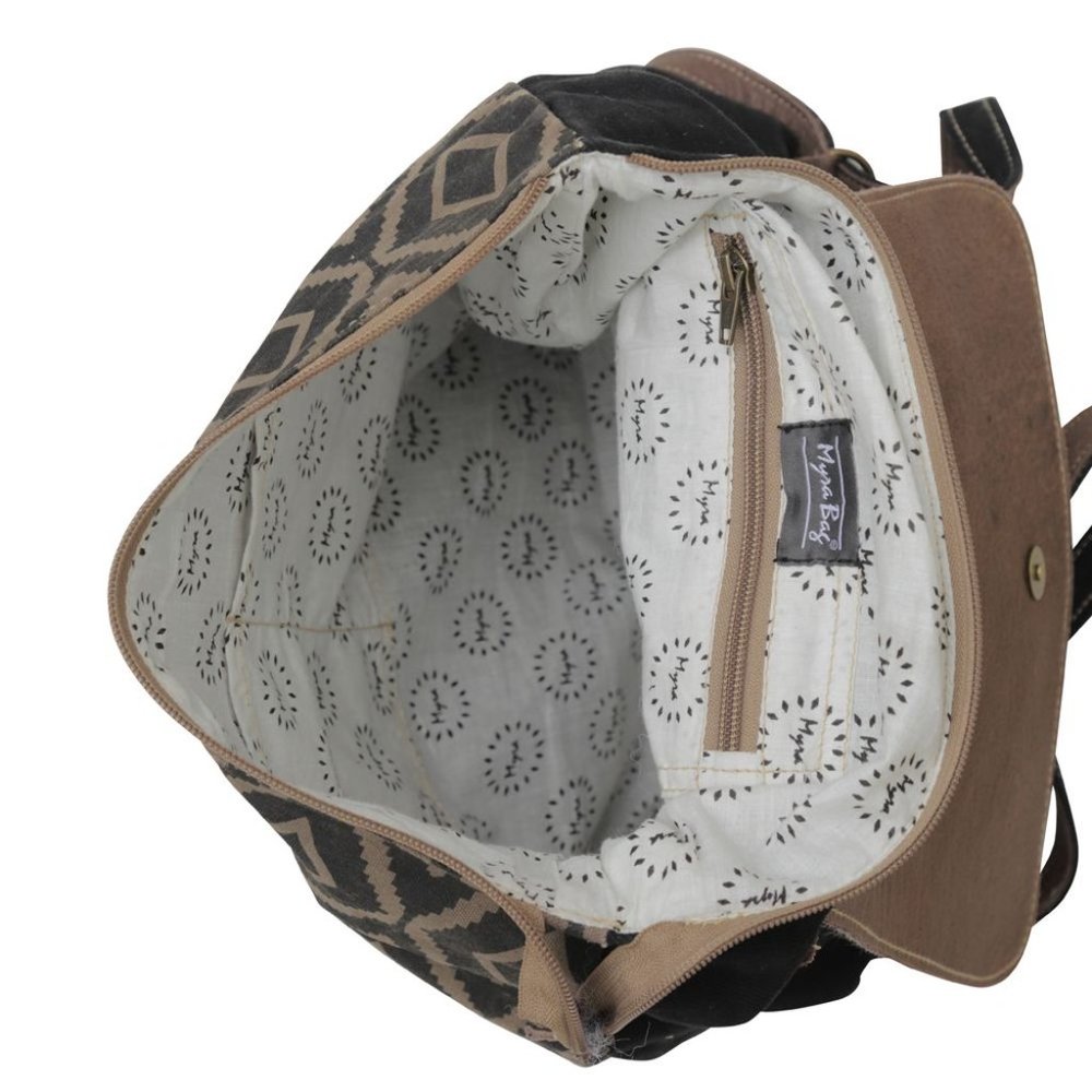 Myra Bag Handmade Mocha Backpack Upcycled Canvas & Cowhide Leather - Picture 8 of 10